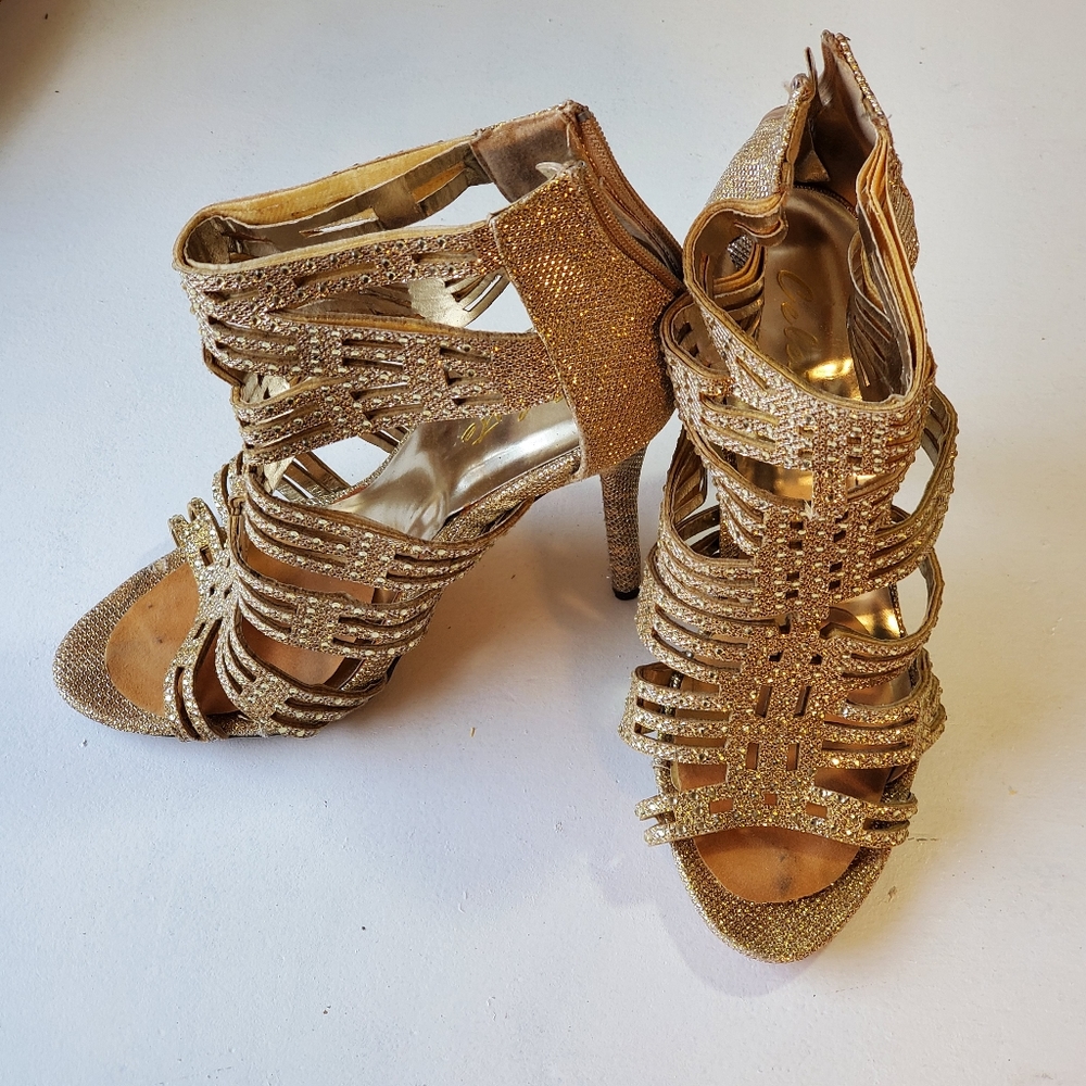 CELESTE Gold Glitter Gladiator Heels, size 7.5.